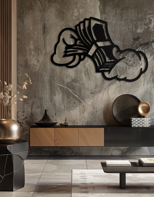 Load image into Gallery viewer, Fist Holding Money Stack Metal Wall Art – Bold Dollar Bill Hand Silhouette for Modern Spaces- KAF579
