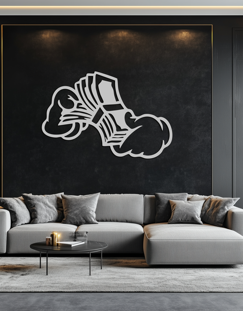Load image into Gallery viewer, Fist Holding Money Stack Metal Wall Art – Bold Dollar Bill Hand Silhouette for Modern Spaces- KAF579
