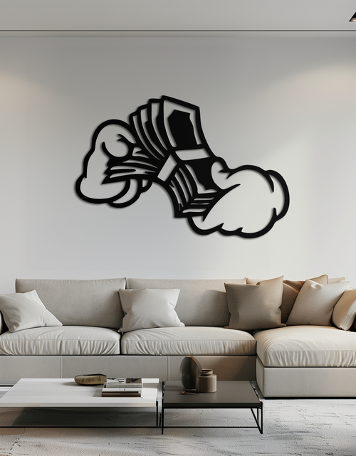 Load image into Gallery viewer, Fist Holding Money Stack Metal Wall Art – Bold Dollar Bill Hand Silhouette for Modern Spaces- KAF579
