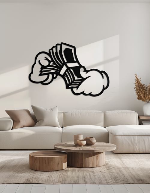 Load image into Gallery viewer, Fist Holding Money Stack Metal Wall Art – Bold Dollar Bill Hand Silhouette for Modern Spaces- KAF579
