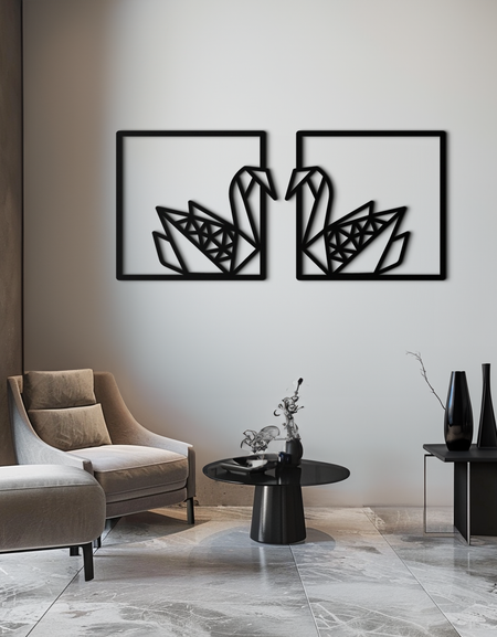 Origami Kuğu Çift Metal Duvar Sanatı – Modern İç Mekanlar İçin Geometrik Aynalı Kuğu Tasarımı- KAF581