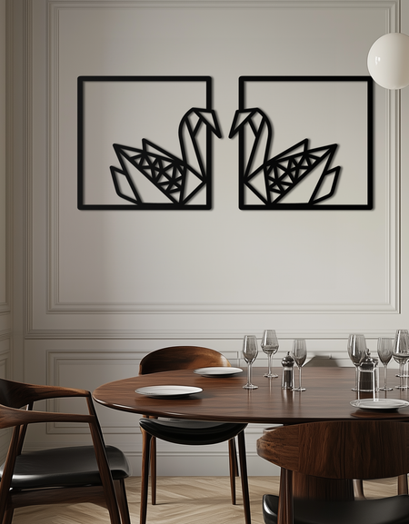 Origami Kuğu Çift Metal Duvar Sanatı – Modern İç Mekanlar İçin Geometrik Aynalı Kuğu Tasarımı- KAF581