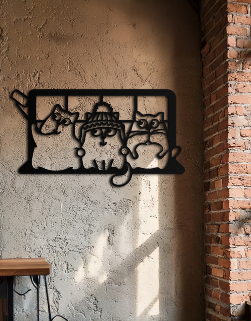 Load image into Gallery viewer, Cozy Window Cats Metal Wall Art – Cute Cartoon Trio Design for Pet Lovers- KAF582
