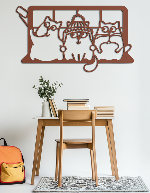Load image into Gallery viewer, Cozy Window Cats Metal Wall Art – Cute Cartoon Trio Design for Pet Lovers- KAF582
