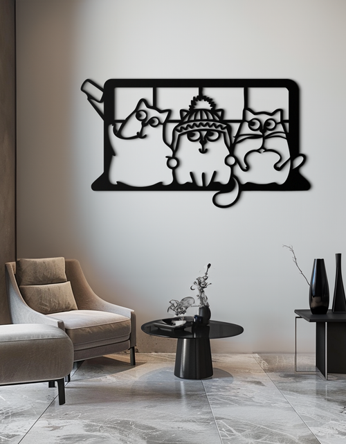 Load image into Gallery viewer, Cozy Window Cats Metal Wall Art – Cute Cartoon Trio Design for Pet Lovers- KAF582
