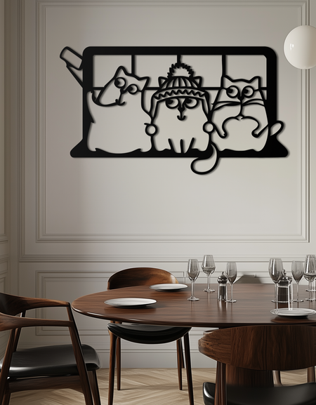 Rahat Pencere Kedileri Metal Duvar Sanatı – Evcil Hayvan Severler İçin Sevimli Karikatür Üçlü Tasarımı - KAF582