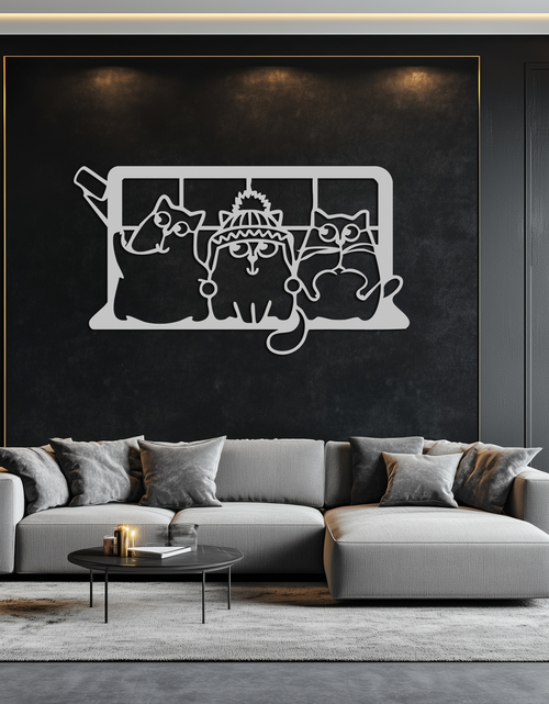 Load image into Gallery viewer, Cozy Window Cats Metal Wall Art – Cute Cartoon Trio Design for Pet Lovers- KAF582
