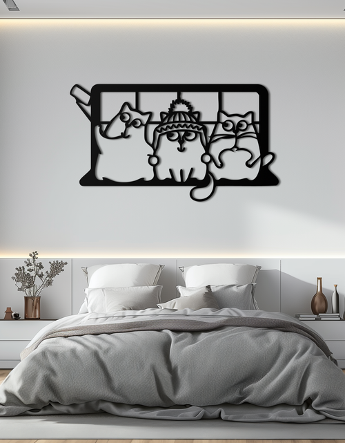 Load image into Gallery viewer, Cozy Window Cats Metal Wall Art – Cute Cartoon Trio Design for Pet Lovers- KAF582
