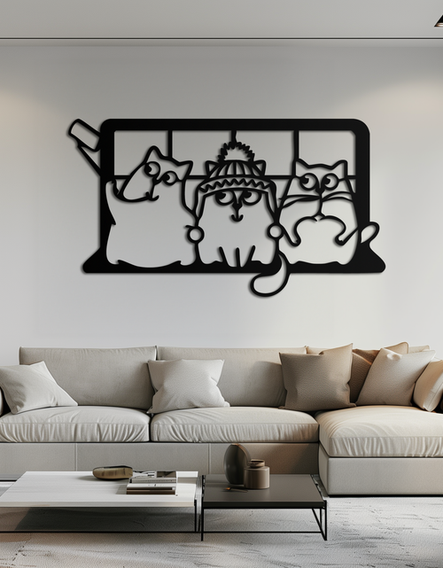 Load image into Gallery viewer, Cozy Window Cats Metal Wall Art – Cute Cartoon Trio Design for Pet Lovers- KAF582
