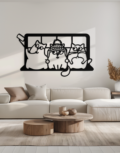 Load image into Gallery viewer, Cozy Window Cats Metal Wall Art – Cute Cartoon Trio Design for Pet Lovers- KAF582
