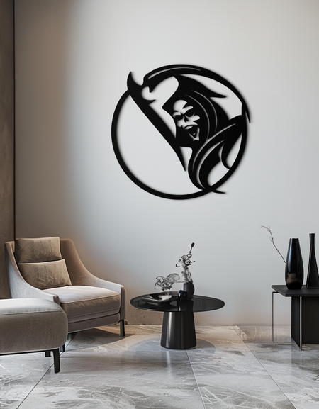 Grim Reaper Circle Metal Duvar Sanatı – Korku Tutkunları İçin Karanlık Gotik Tırpan Dekoru- KAF586