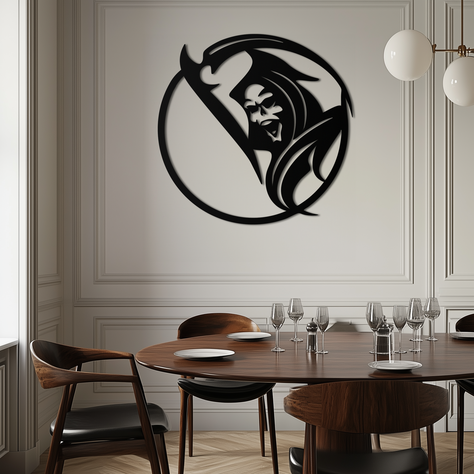 Grim Reaper Circle Metal Wall Art – Dark Gothic Scythe Decor for Horror Enthusiasts- KAF586