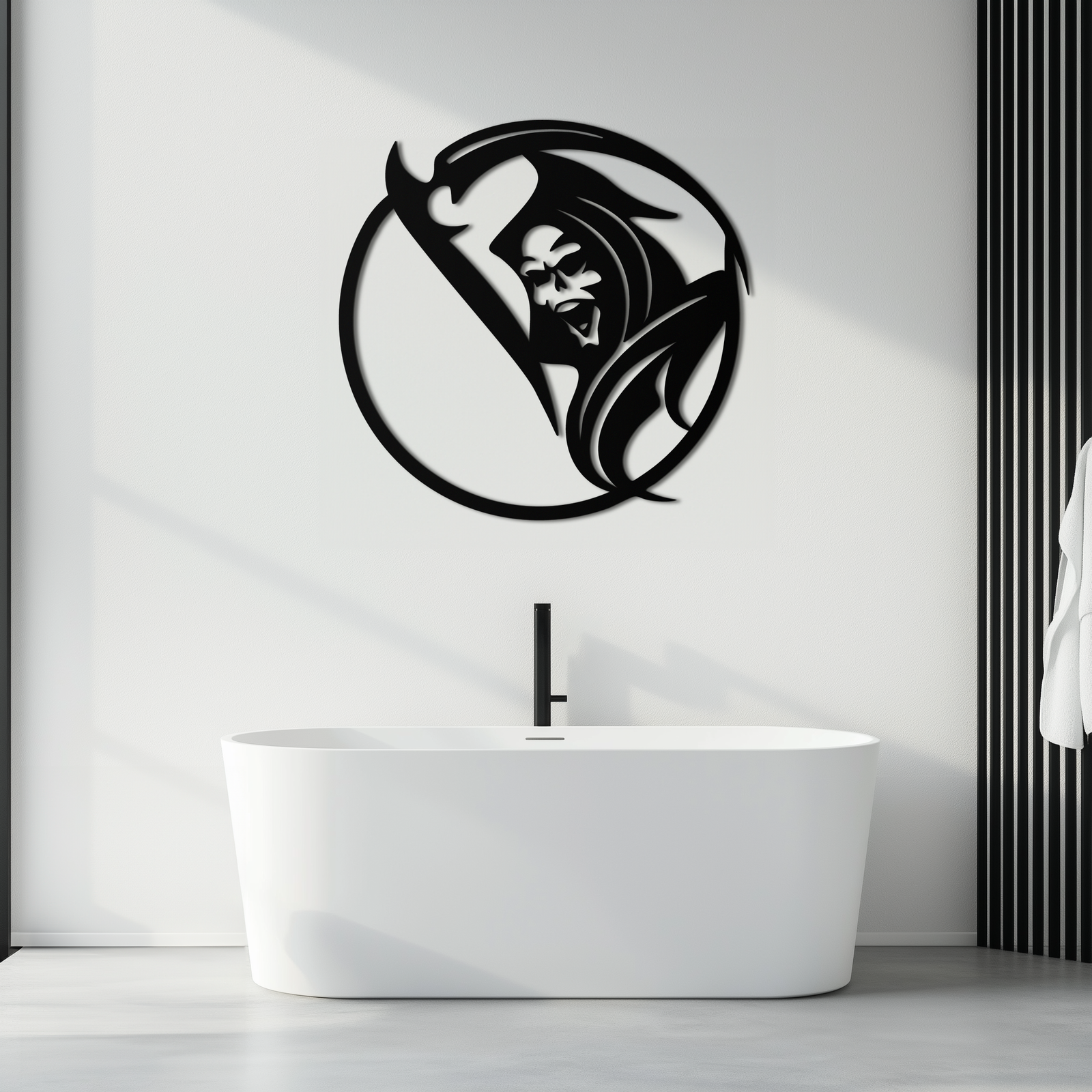 Grim Reaper Circle Metal Wall Art – Dark Gothic Scythe Decor for Horror Enthusiasts- KAF586