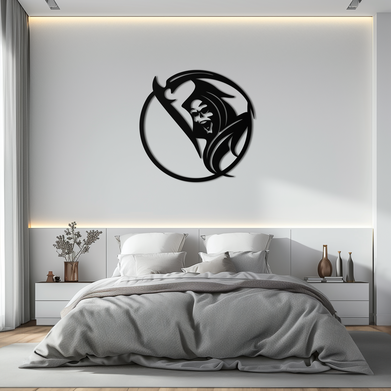 Grim Reaper Circle Metal Wall Art – Dark Gothic Scythe Decor for Horror Enthusiasts- KAF586