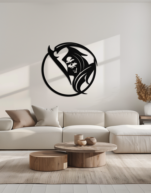 Load image into Gallery viewer, Grim Reaper Circle Metal Wall Art – Dark Gothic Scythe Decor for Horror Enthusiasts- KAF586
