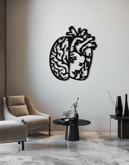 Beyin ve Kalp Füzyon Metal Duvar Sanatı – Zihin ve Duygu Dengesi İçin Sembolik Anatomi Tasarımı- KAF587
