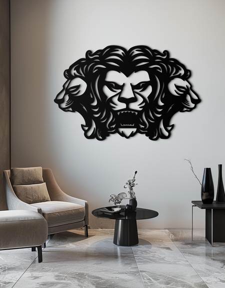 Üç Başlı Aslan Metal Duvar Sanatı – Vahşi Kabile Aslan Başı Duvar Dekoru- KAF589
