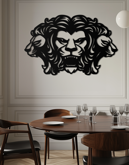 Üç Başlı Aslan Metal Duvar Sanatı – Vahşi Kabile Aslan Başı Duvar Dekoru- KAF589