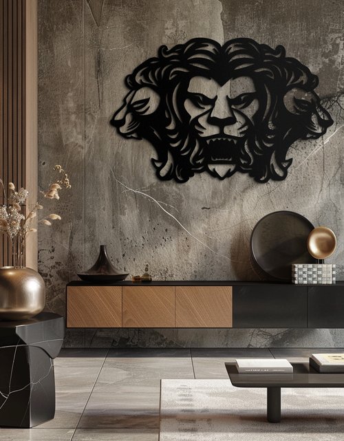 Load image into Gallery viewer, Three-Headed Lion Metal Wall Art – Fierce Tribal Lion Head Wall Decor- KAF589
