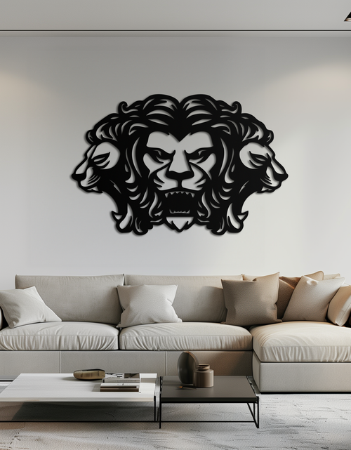 Load image into Gallery viewer, Three-Headed Lion Metal Wall Art – Fierce Tribal Lion Head Wall Decor- KAF589
