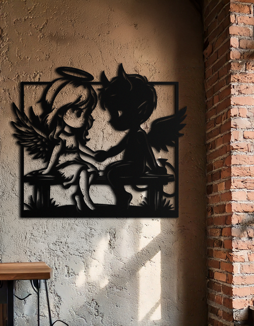 Load image into Gallery viewer, Angel and Devil Holding Hands Metal Wall Art – Whimsical Love Contrast Silhouette- KAF591

