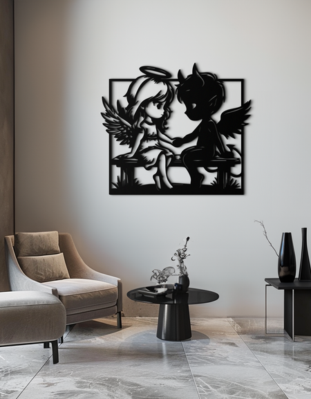 Angel and Devil Holding Hands Metal Wall Art – Whimsical Love Contrast Silhouette- KAF591