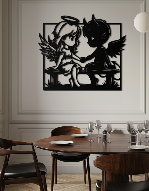 Load image into Gallery viewer, Angel and Devil Holding Hands Metal Wall Art – Whimsical Love Contrast Silhouette- KAF591
