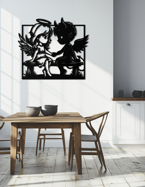 Load image into Gallery viewer, Angel and Devil Holding Hands Metal Wall Art – Whimsical Love Contrast Silhouette- KAF591
