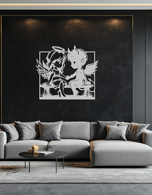 Load image into Gallery viewer, Angel and Devil Holding Hands Metal Wall Art – Whimsical Love Contrast Silhouette- KAF591
