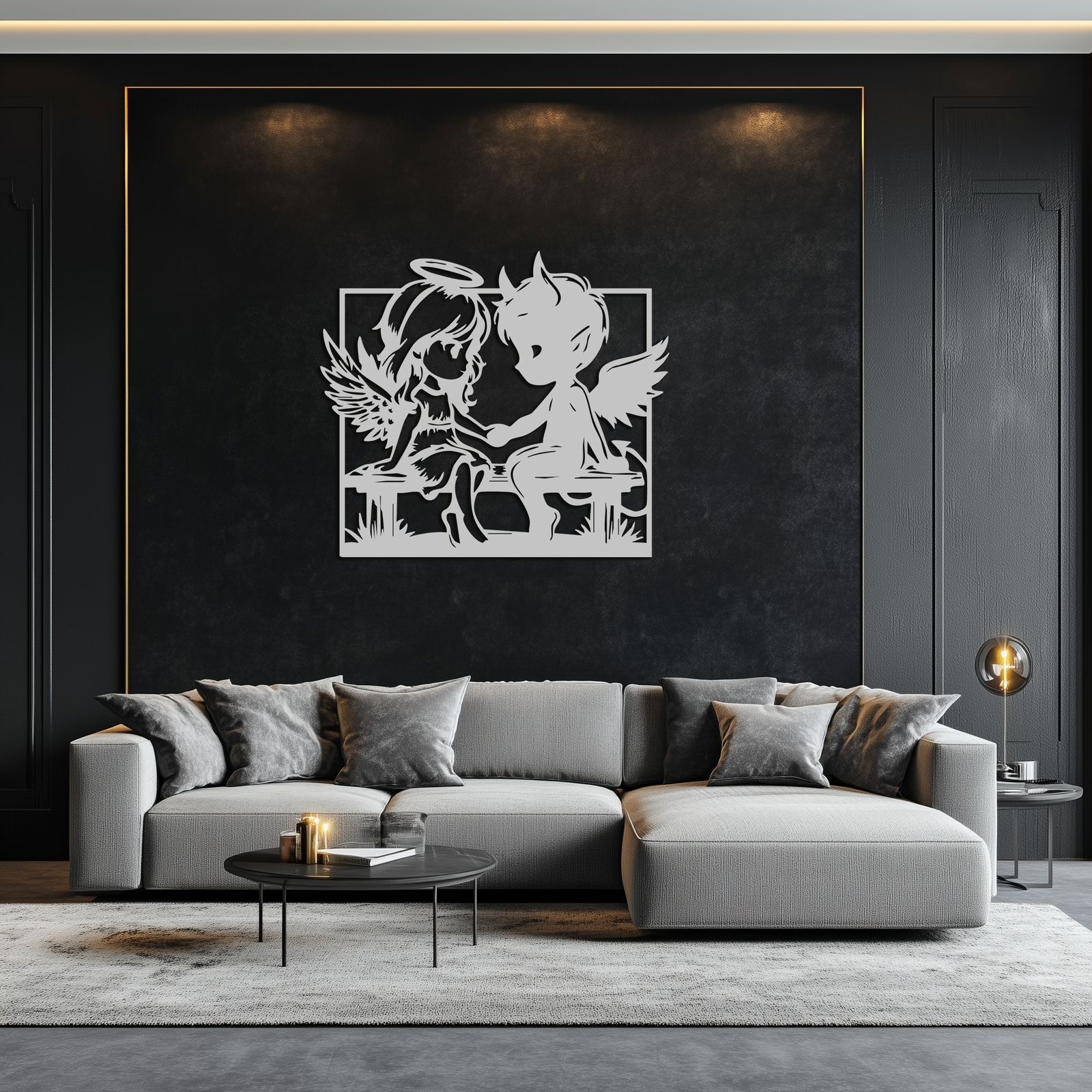 Angel and Devil Holding Hands Metal Wall Art – Whimsical Love Contrast Silhouette- KAF591