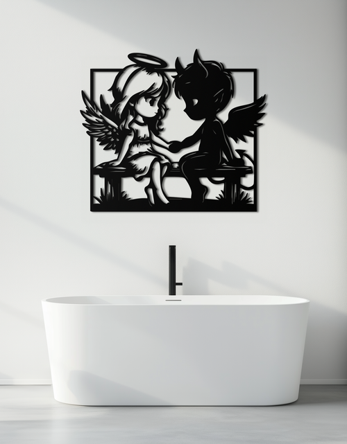 Load image into Gallery viewer, Angel and Devil Holding Hands Metal Wall Art – Whimsical Love Contrast Silhouette- KAF591
