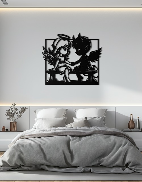 Load image into Gallery viewer, Angel and Devil Holding Hands Metal Wall Art – Whimsical Love Contrast Silhouette- KAF591
