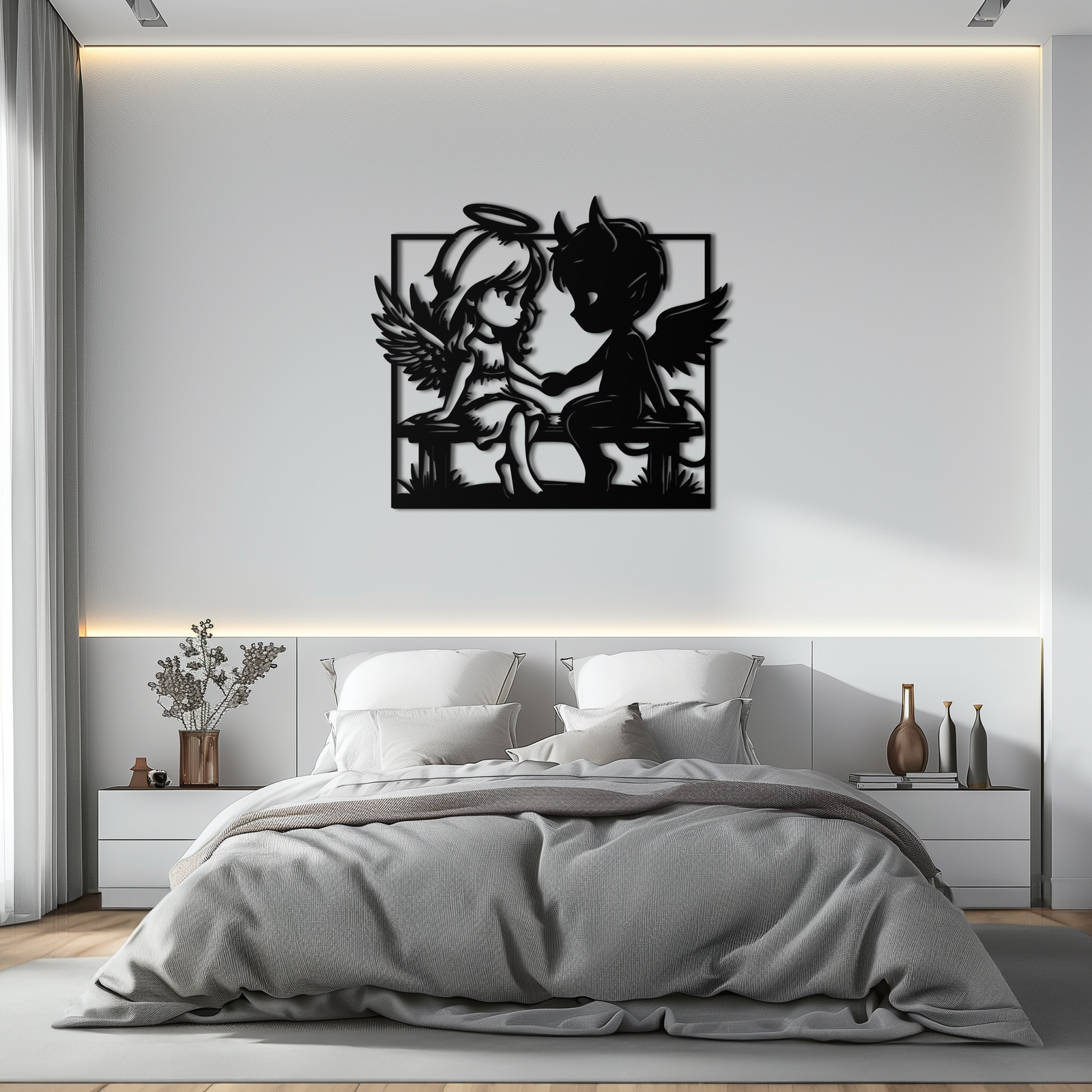 Angel and Devil Holding Hands Metal Wall Art – Whimsical Love Contrast Silhouette- KAF591