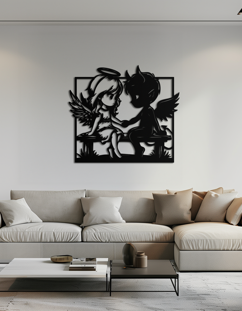 Load image into Gallery viewer, Angel and Devil Holding Hands Metal Wall Art – Whimsical Love Contrast Silhouette- KAF591
