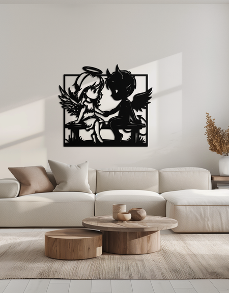 Angel and Devil Holding Hands Metal Wall Art – Whimsical Love Contrast Silhouette- KAF591