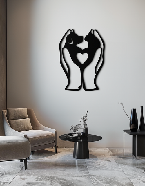 Load image into Gallery viewer, Dog and Cat in Hand Metal Wall Art – Heartwarming Pet Love Decor for Animal Lovers- KAF593
