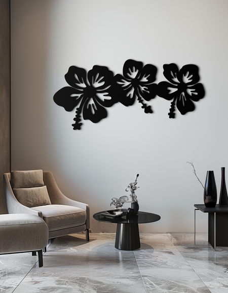 Ebegümeci Çiçek Üçlüsü Metal Duvar Sanatı – Ev Dekorasyonu İçin Tropikal Çiçek Silüeti - KAF594