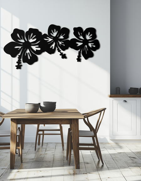 Ebegümeci Çiçek Üçlüsü Metal Duvar Sanatı – Ev Dekorasyonu İçin Tropikal Çiçek Silüeti - KAF594