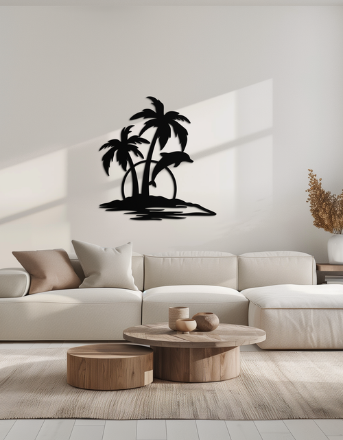 Load image into Gallery viewer, Tropical Dolphin and Palm Tree Metal Wall Art – Sunset Island Scene Coastal Decor- KAF598
