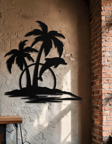 Tropikal Yunus ve Palmiye Ağacı Metal Duvar Sanatı – Gün Batımı Ada Sahnesi Kıyı Dekoru- KAF598