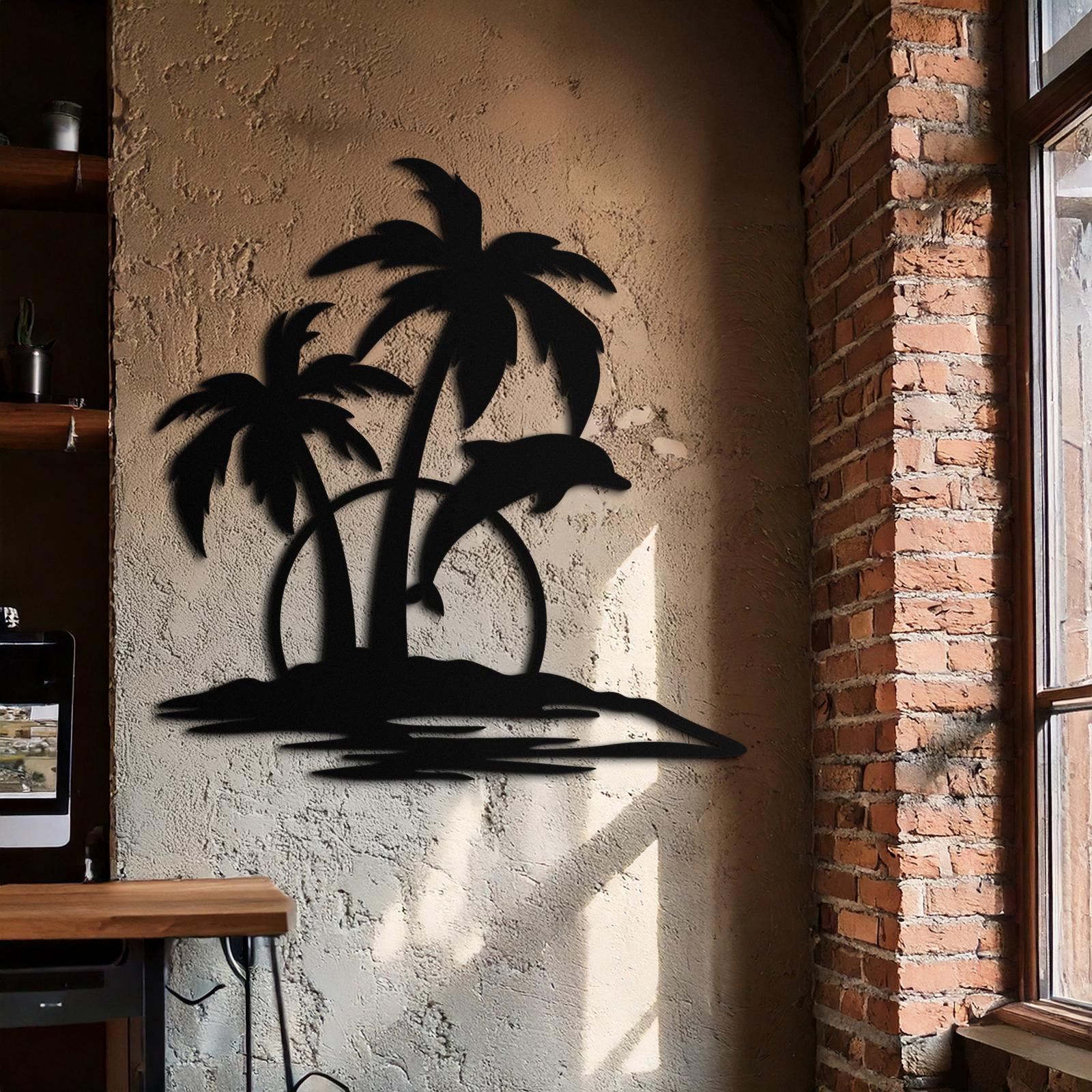 Tropical Dolphin and Palm Tree Metal Wall Art – Sunset Island Scene Coastal Decor- KAF598