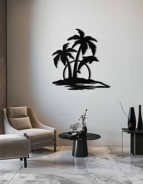 Load image into Gallery viewer, Tropical Dolphin and Palm Tree Metal Wall Art – Sunset Island Scene Coastal Decor- KAF598
