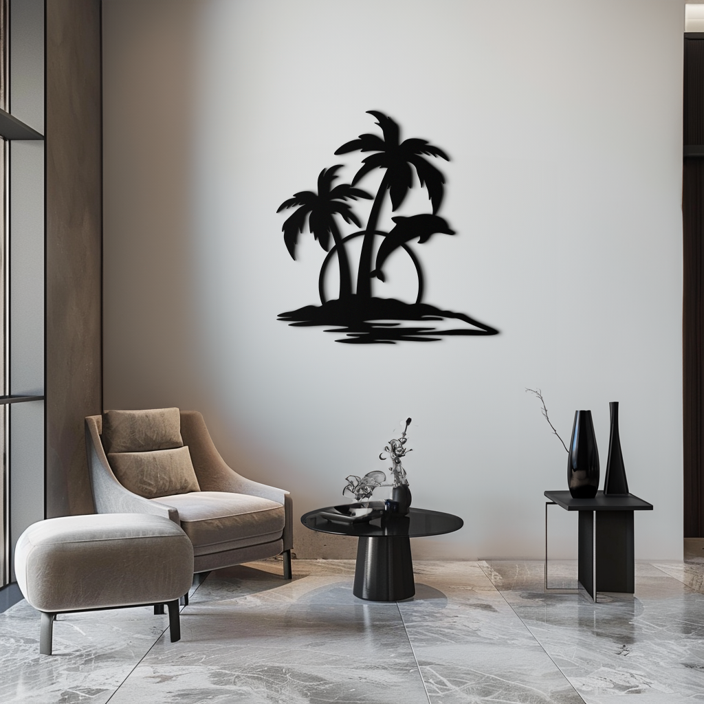 Tropical Dolphin and Palm Tree Metal Wall Art – Sunset Island Scene Coastal Decor- KAF598