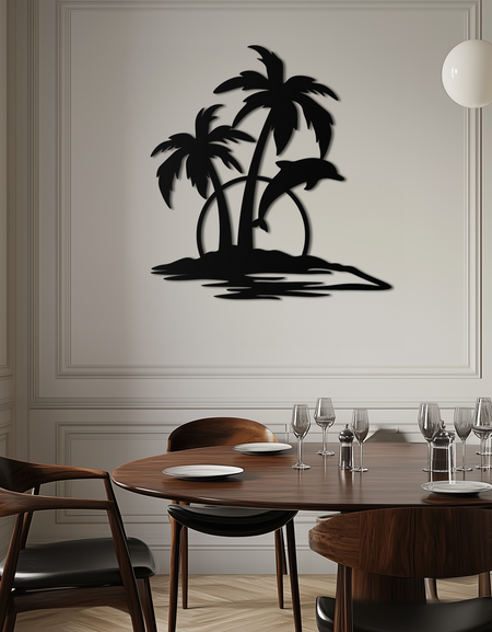 Tropikal Yunus ve Palmiye Ağacı Metal Duvar Sanatı – Gün Batımı Ada Sahnesi Kıyı Dekoru- KAF598