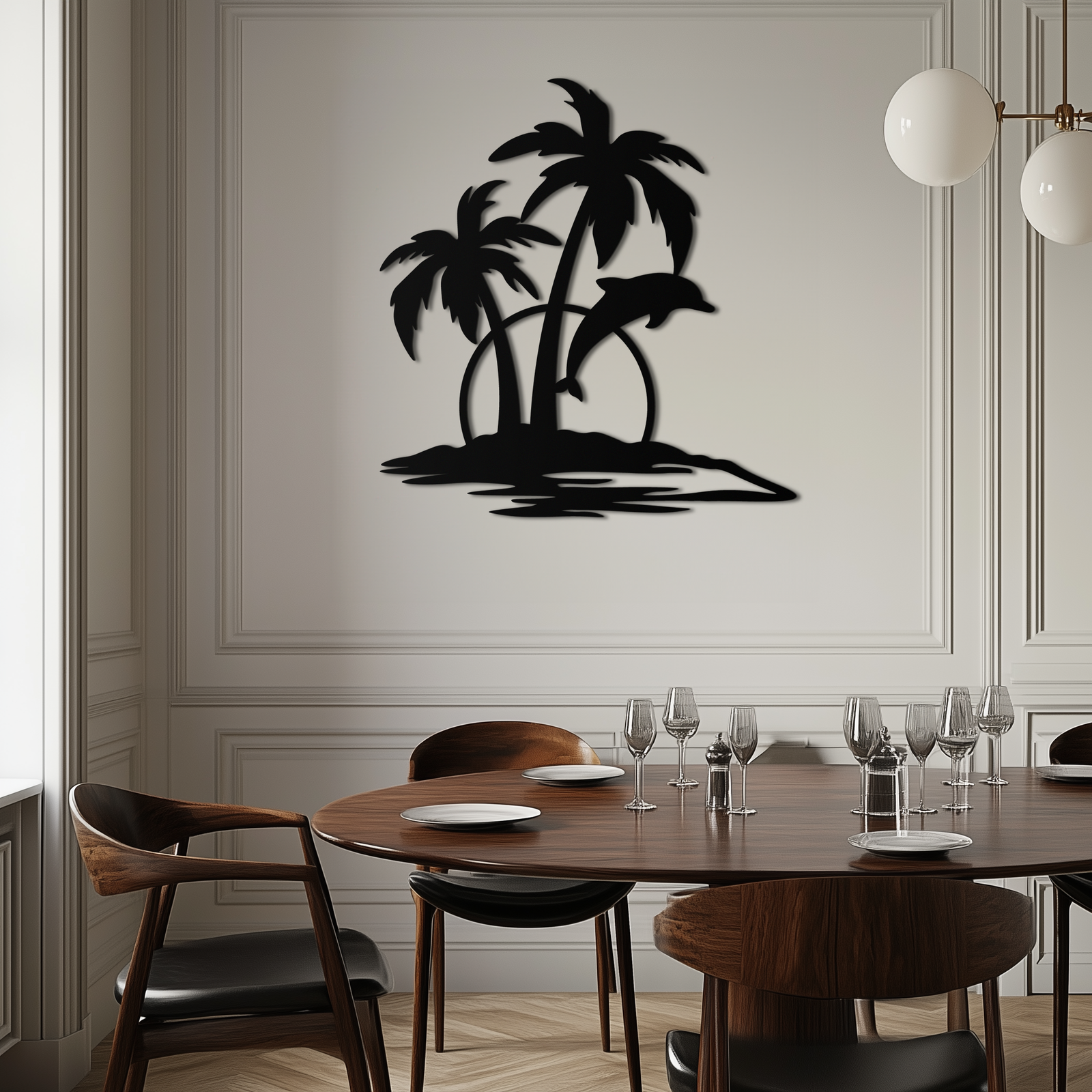 Tropical Dolphin and Palm Tree Metal Wall Art – Sunset Island Scene Coastal Decor- KAF598