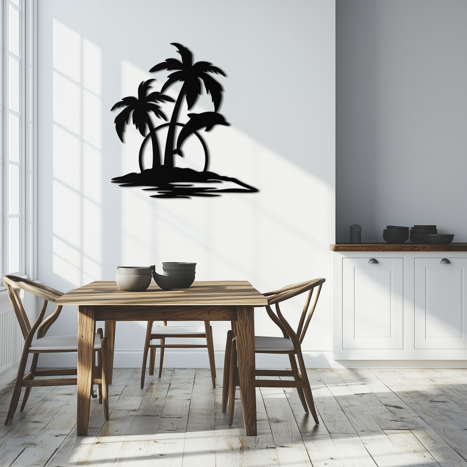 Tropical Dolphin and Palm Tree Metal Wall Art – Sunset Island Scene Coastal Decor- KAF598