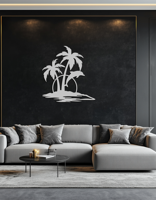 Load image into Gallery viewer, Tropical Dolphin and Palm Tree Metal Wall Art – Sunset Island Scene Coastal Decor- KAF598
