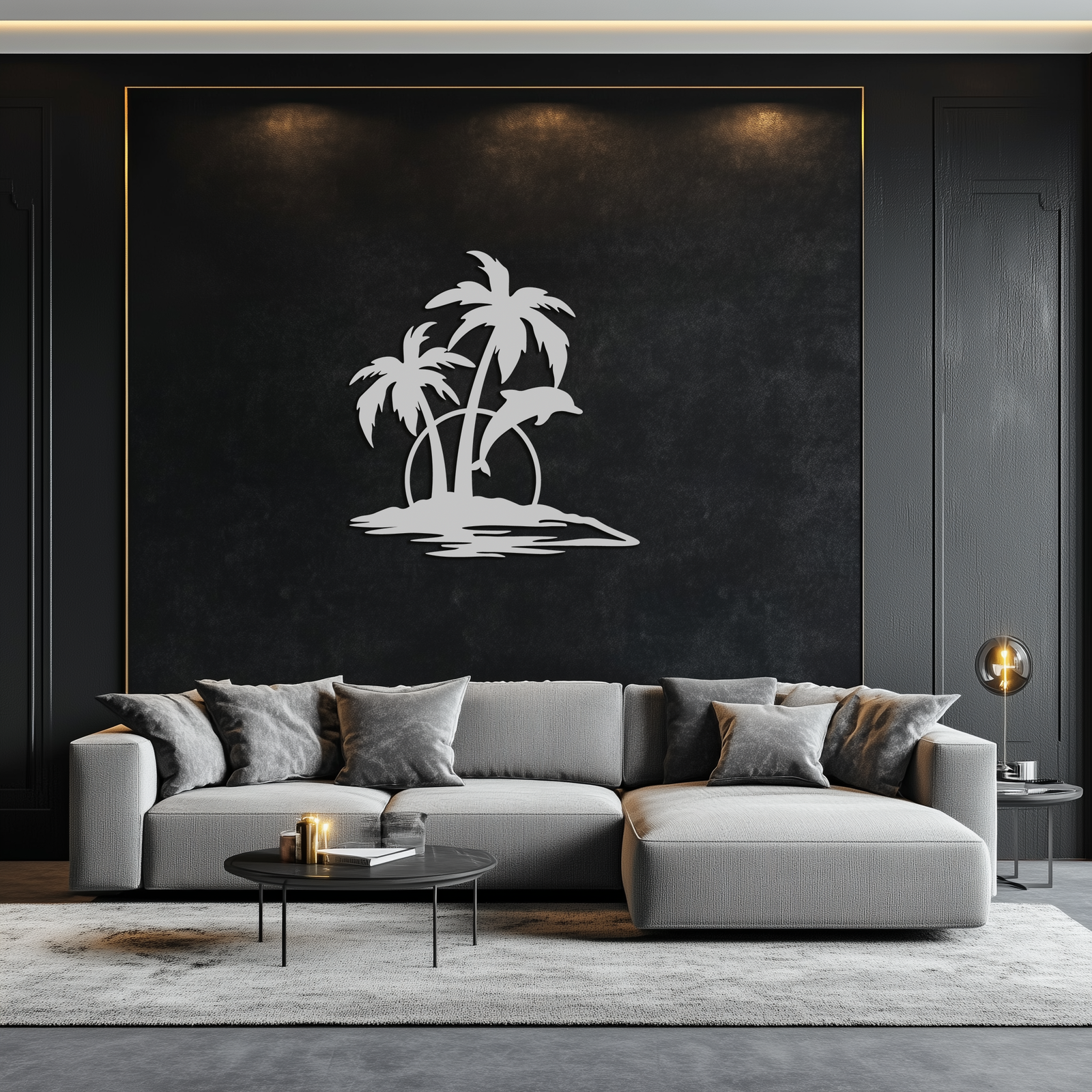 Tropical Dolphin and Palm Tree Metal Wall Art – Sunset Island Scene Coastal Decor- KAF598