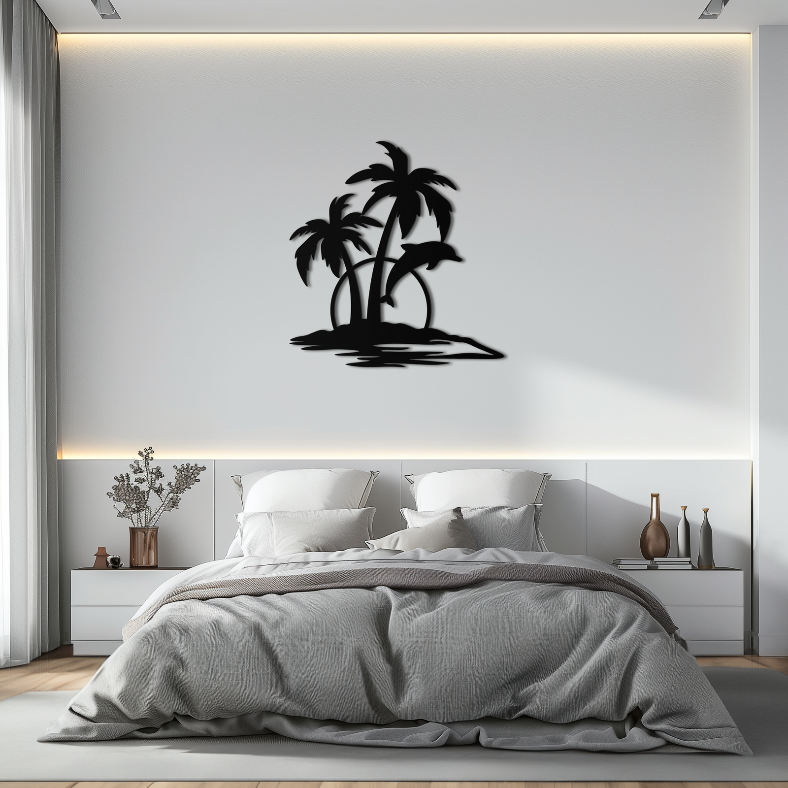 Tropical Dolphin and Palm Tree Metal Wall Art – Sunset Island Scene Coastal Decor- KAF598