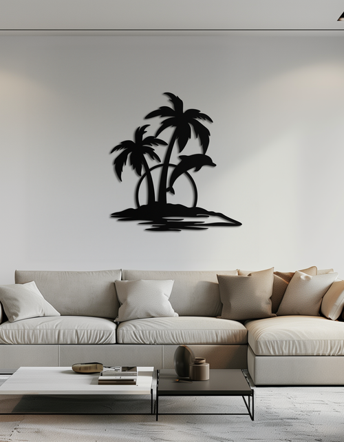Load image into Gallery viewer, Tropical Dolphin and Palm Tree Metal Wall Art – Sunset Island Scene Coastal Decor- KAF598
